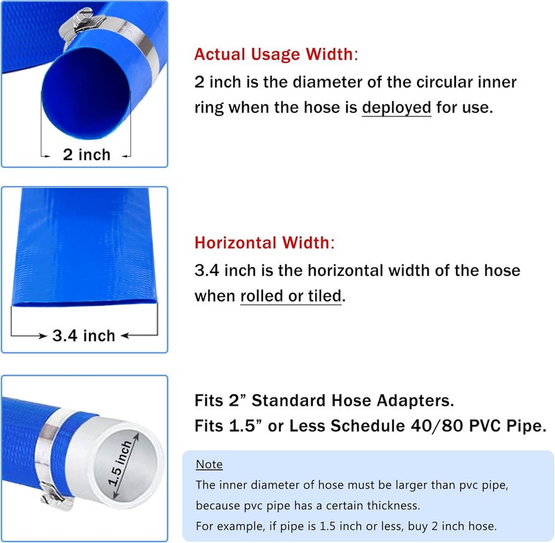 DAVCO 2" x 50 ft Pool Backwash Hose, Heavy Duty Reinforced Blue PVC Lay Flat Water Discharge Pump Hoses For Swimming Drain Pools and Clean Filters,with 1 Clamp - Image 2